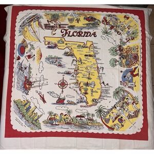Vintage 1950s Florida Map Tablecloth Destination Home Decor Cotton Rare